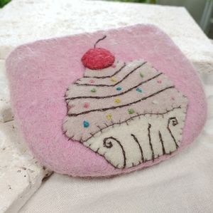 Hand Stitched Cupcake Change Purse 100% Felted Wool in Pink Made in Nepal